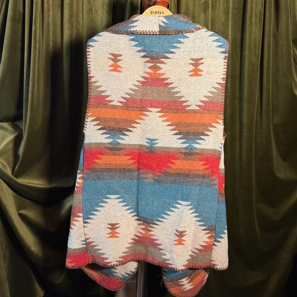 Southwestern Aztec Print Waterfall Vest Boho Western Teal Rust One Size - Picture 3 of 6